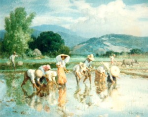 A rice harvesting scene by Fernando Amorsolo